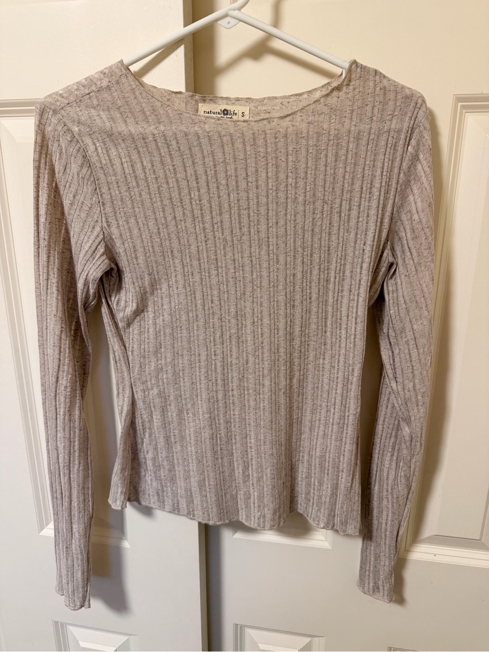 Natural Life Ribbed Long-Sleeve Top in beige